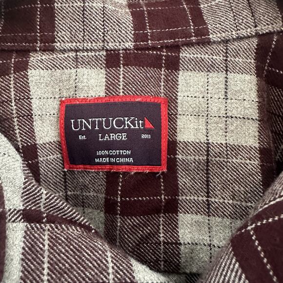 UNTUCKit Men's Burgundy Gray Plaid Hezog Long Sleeve Button Flannel Shirt Size L - Picture 3 of 5